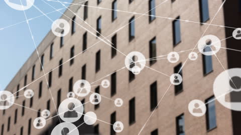 Digital Networking Over Contemporary Office Building Background