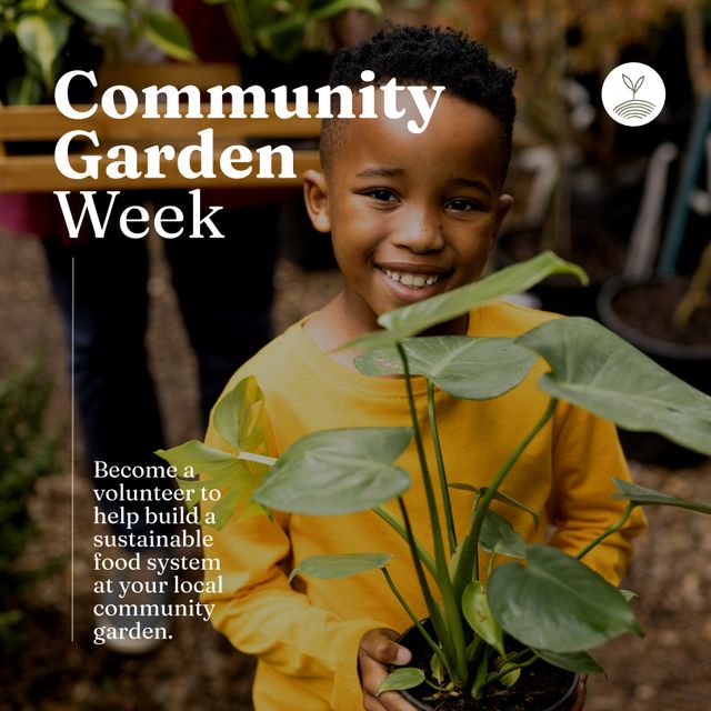 A cheerful African American boy is shown holding a potted plant in community garden, symbolizing community engagement and environmental consciousness. This image is suitable for promoting community garden initiatives, volunteering drives, gardening workshops, or educational programs centered around sustainable living and environmental stewardship.