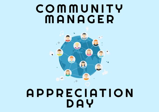 Composition of community manager appreciation day text with icons on blue background. Community manager appreciation day and celebration concept digitally generated image.