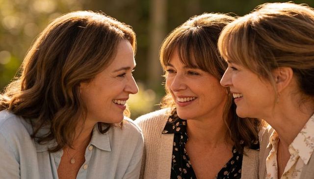 Smiling middle-aged friends sharing warm conversation in sunlit garden during golden hour