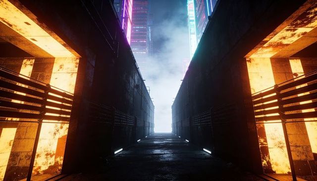 Neon-lit cyberpunk corridor leading into foggy skyline with glowing orange panels