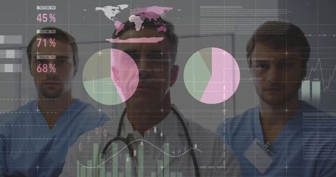 Medical team analyzing healthcare dashboards with global analytics and clinical charts
