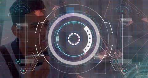 Man using holographic interface for futuristic communication in office