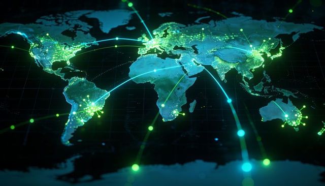 Global network connecting cities with neon nodes and data arcs on holographic map