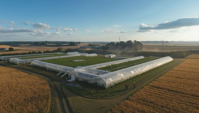 Modern agricultural farm with transparent growing tunnels for sustainable farming