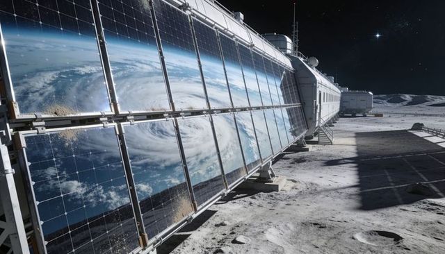 Lunar Solar Array Reflecting Earth Hurricane Beside Moon Habitat Antenna