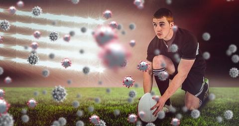Rugby player amid virus spheres highlights challenges