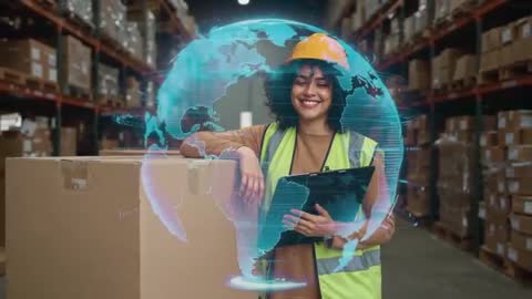 Warehouse Worker with Holographic Globe for Global Logistics