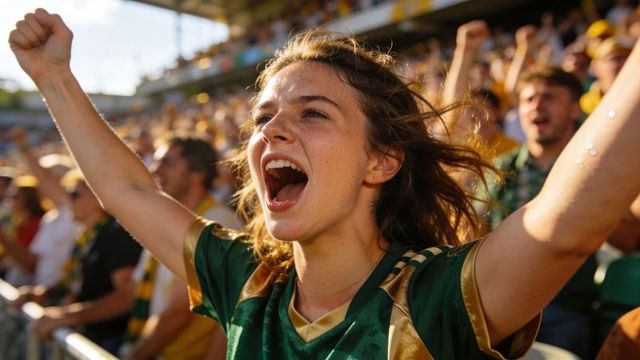 Female soccer fan cheering in packed stadium wearing green and gold jersey, arms raised