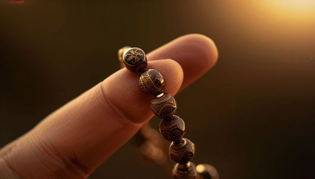 Golden-hour macro capturing ornate metal beads on fingertip with warm bokeh and patina