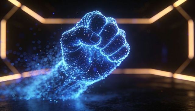 Glowing holographic fist of blue particles punching forward in futuristic hex chamber