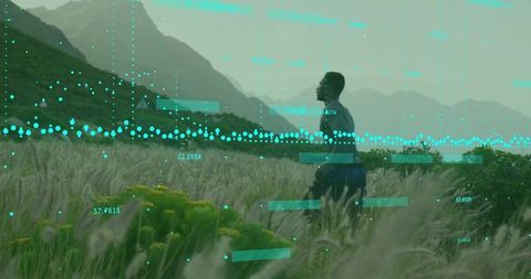 Runner in Field with Teal Data Overlays Illustrating Fitness and Technology
