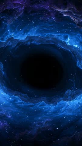 Looping Vertical Space Vortex Shifting Around Black Void with Blue Nebula and Stars