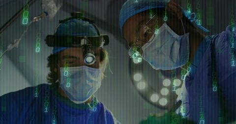 Surgeons in Operating Room with Digital Overlay Symbolizing Tech