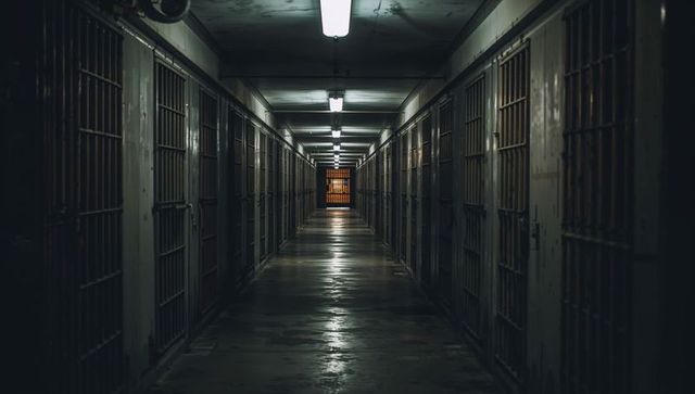 Moody Prison Corridor with Glowing Fluoresent Lighting