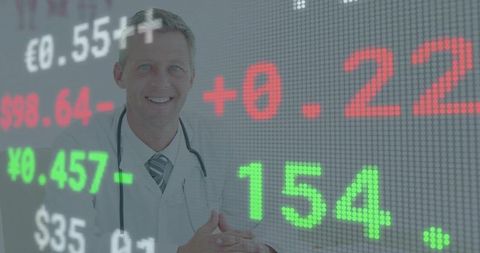 Smiling Doctor Analyzing Financial Stock Data in Clinical Environment