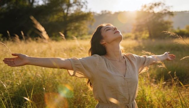 Asian woman embracing sunlight in meadow with open arms, serene nature wellness moment