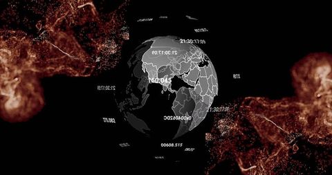 Rotating digital globe with floating timestamps and amber data filaments for analytics