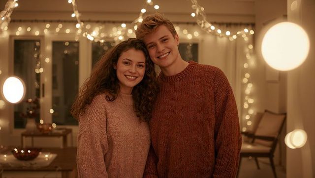 Smiling couple in cozy living room with string lights