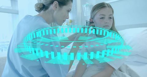 Pediatrician examining young patient ear with otoscope and turquoise medical hud overlay