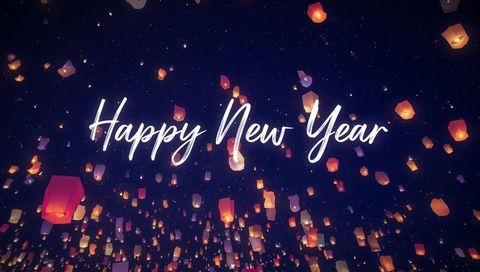 Happy New Year Script Over Floating Sky Lanterns Glowing in Starry Night Colorful Festival