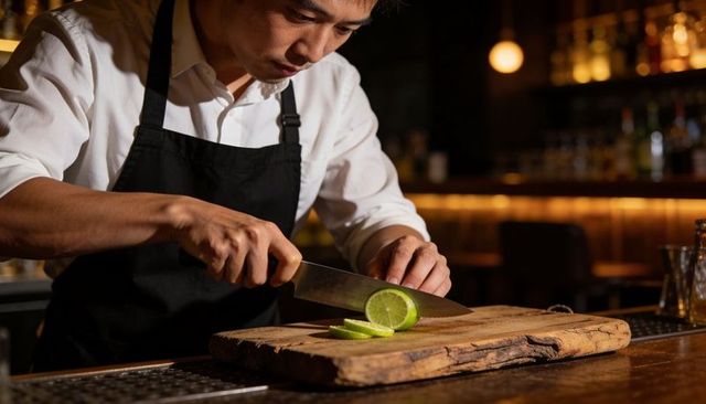 Bartender slicing lime on rustic wooden board with chef knife in intimate bar ambience