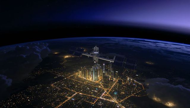 Orbital station hovering over illuminated city skyline with solar panels and street grid