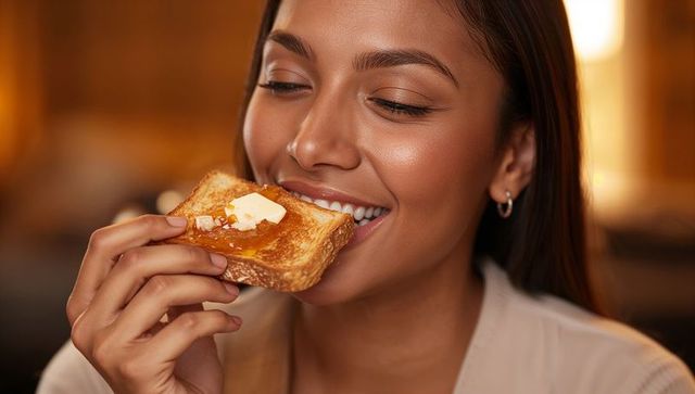 Young woman enjoying butter and jam toast in cozy kitchen close-up with warm glow
