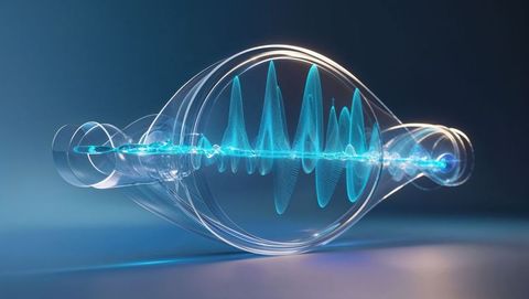 Futuristic neon waveform in transparent glass cylinder, seismograph concept