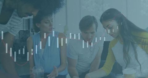 Young Professionals Analyzing Market Trends with Graphs Overlay