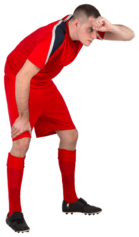 Tired Football Player Bending Over in Red Sports Uniform on Transparent Background