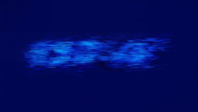 Glowing cyan blue glitch band stretching across deep navy background with motion blur neon