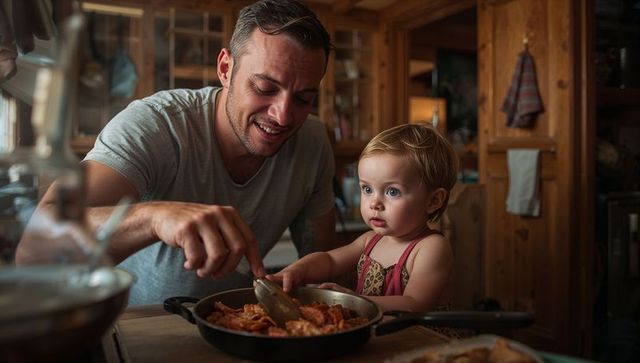 Father teaching toddler to stir pasta in rustic kitchen — cozy family cooking moment