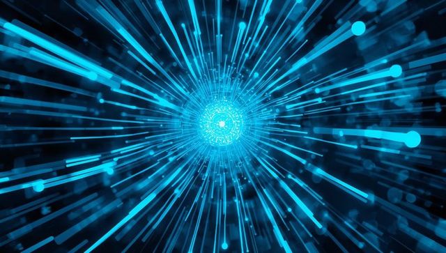 Radiating cyan core with circuit rings and streaming data beams, futuristic network