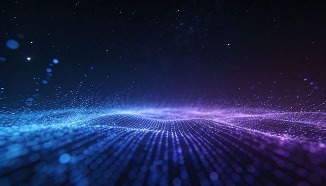 Futuristic Luminous Blue-Purple Digital Wave Grid With Glowing Dots and Neon Bokeh Horizon