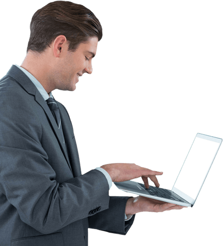 happy caucasian businessman using laptop on transparent background - Download Free Stock Videos Pikwizard.com