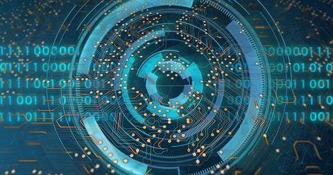 Pulsing Futuristic Circular HUD with Binary Streams and Gold Circuitry in Teal Blue