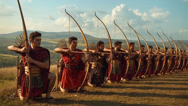 Kneeling Archers Drawing Recurved Longbows in Disciplined Formation on Sunlit Hill