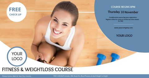 Health and fitness promotion featuring smiling woman with exercise equipment