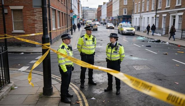 Three police officers guarding yellow cordon on urban street after incident
