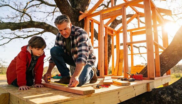 Father measuring plank while son watching building wooden treehouse on tree platform