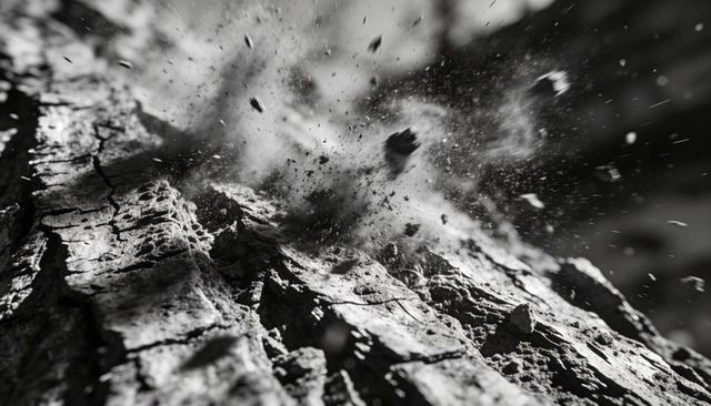 Exploding bark texture: high-contrast monochrome closeup of splintering rock and dust
