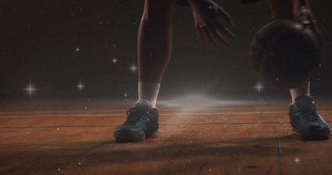 Basketball Player Dribbling on Glossy Court with Starry Overlay Effect