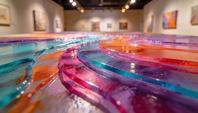 Flowing translucent resin ribbons creating layered abstract color waves in gallery