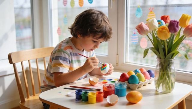 Young boy painting easter egg at sunny window table with tulips and bright paints