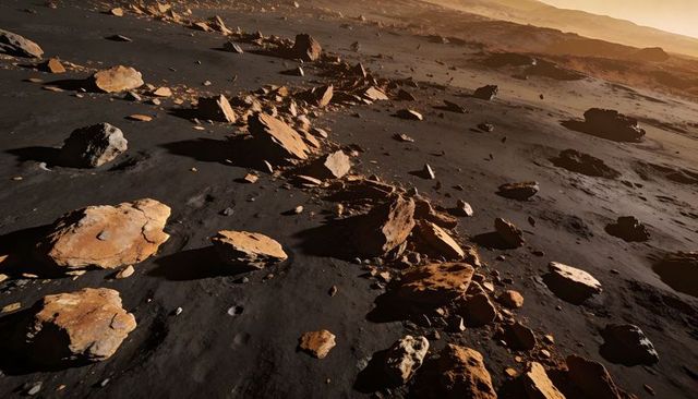 Rugged alien rock field catching low sunlight over barren plain with orange-brown slabs