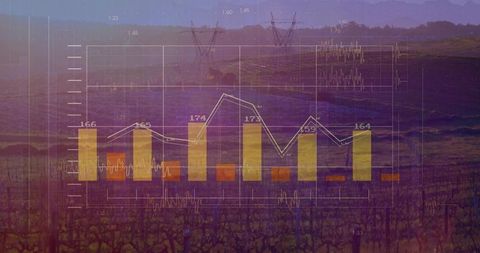 Translucent Data Visualization Overlaying Vineyard at Dusk Showing Bar and Line Charts