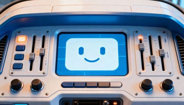 Friendly ai control console with smiling screen, analog faders, knobs and led indicators