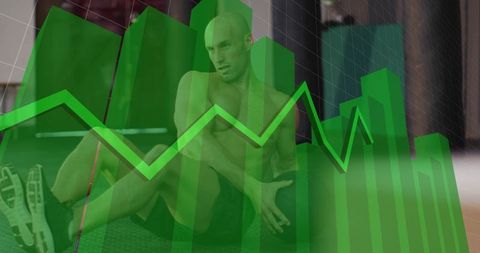 Shirtless man twisting on mat with green financial growth graph overlay for fitness