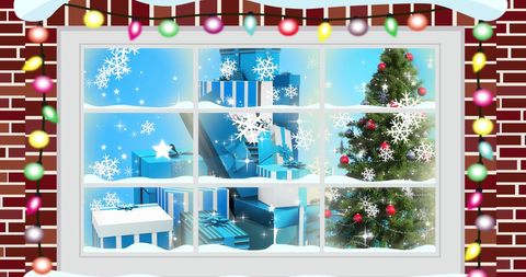 a charming winter scene captured from outside a window, featuring a beautifully decorated christmas tree and elegantly wrapped gifts. snowflakes and colorful holiday string lights enhance the festive atmosphere against the brick wall exterior. ideal for use in holiday greeting cards, christmas promotions, and festive-themed advertising materials.